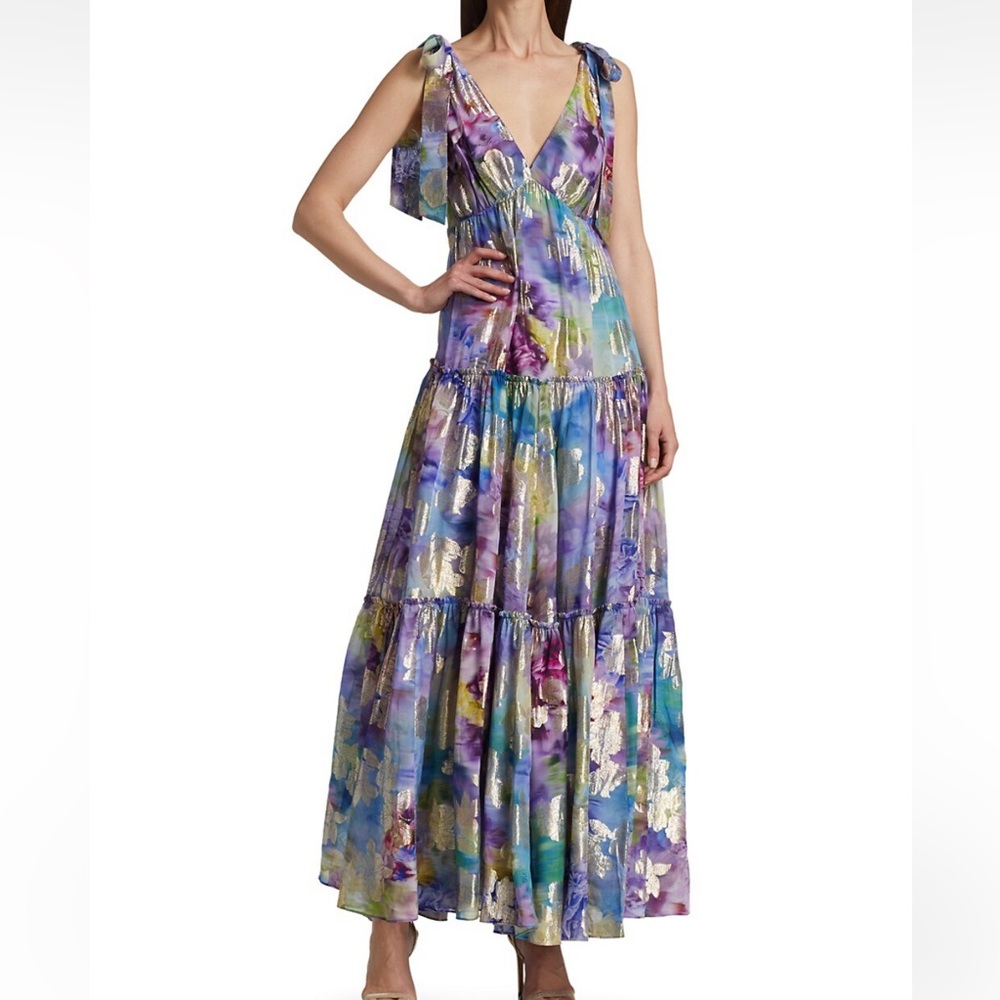 Marchesa Notte Metallic Tie-Shoulder Dress